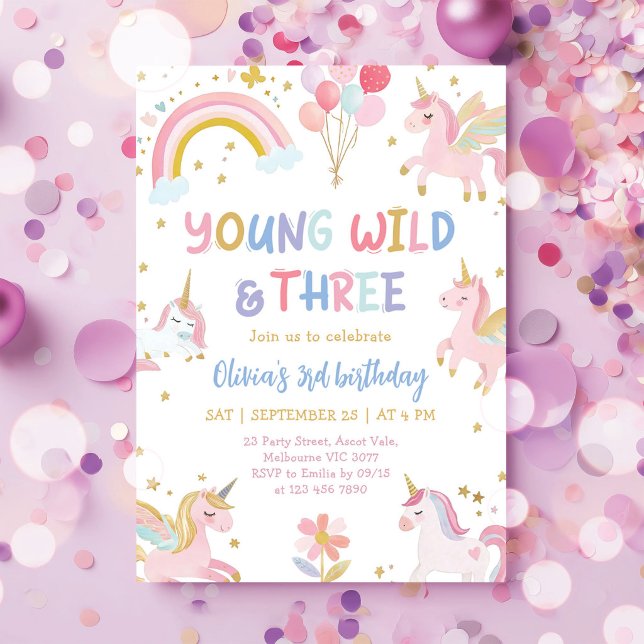 Young Wild & Three Unicorn 3rd Birthday Invitation (Creator Uploaded)