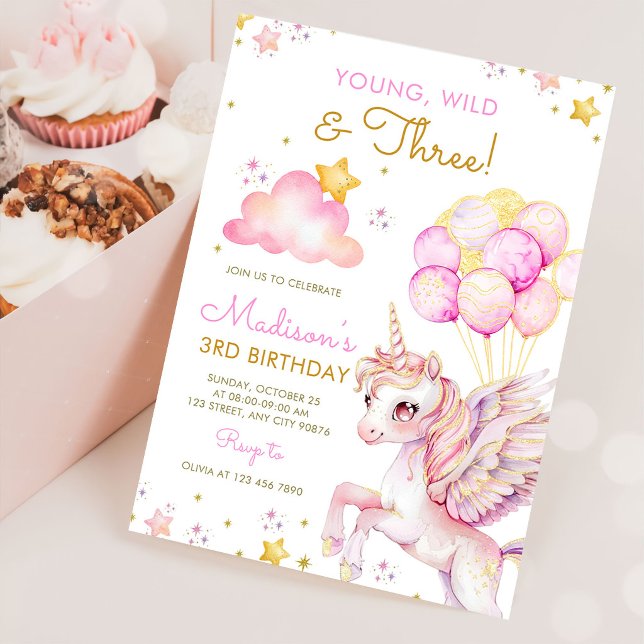 Young Wild & Three Unicorn 3rd Birthday Invitation (Creator Uploaded)