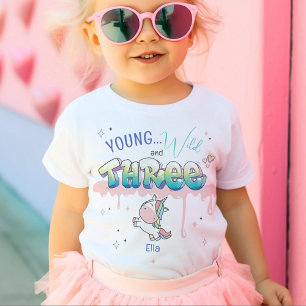Young Wild THREE Unicorn Custom Name 3rd Birthday Toddler T-shirt