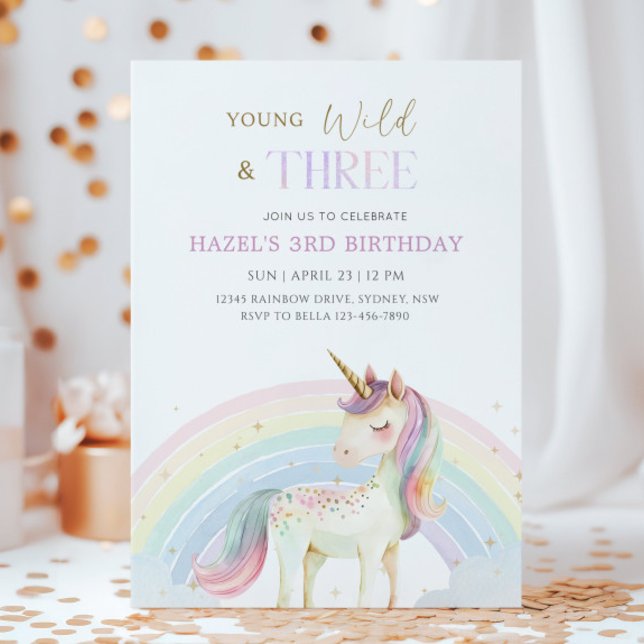 Young Wild & Three Unicorn Rainbow 3rd Birthday Invitation (Creator Uploaded)