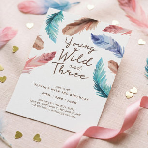 Young Wild & Three Watercolor Boho Birthday Invitation