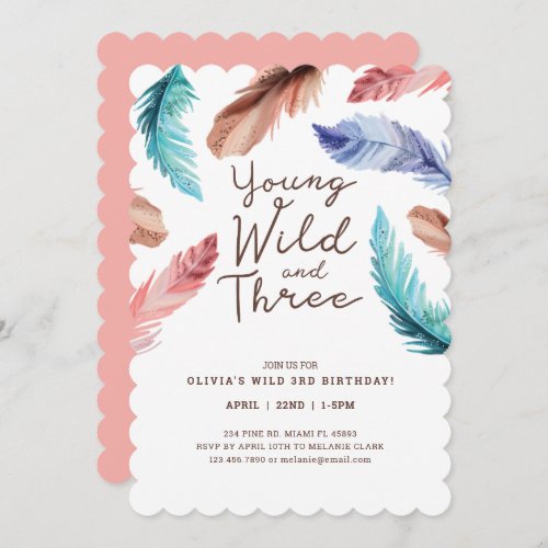 Young Wild  Three Watercolor Boho Feathers Invitation