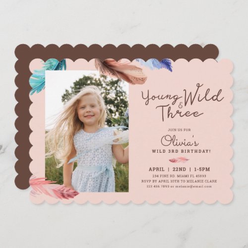 Young Wild  Three Watercolor Boho Feathers Photo Invitation