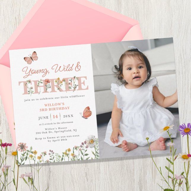 Young Wild & Three Wildflower 3rd Birthday Invitat Invitation (Creator Uploaded)