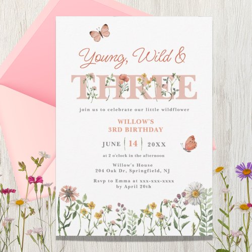 Young Wild  Three Wildflower 3rd Birthday Invitation