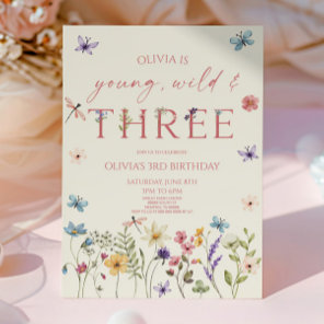Young Wild & Three Wildflower 3rd Birthday Party Invitation