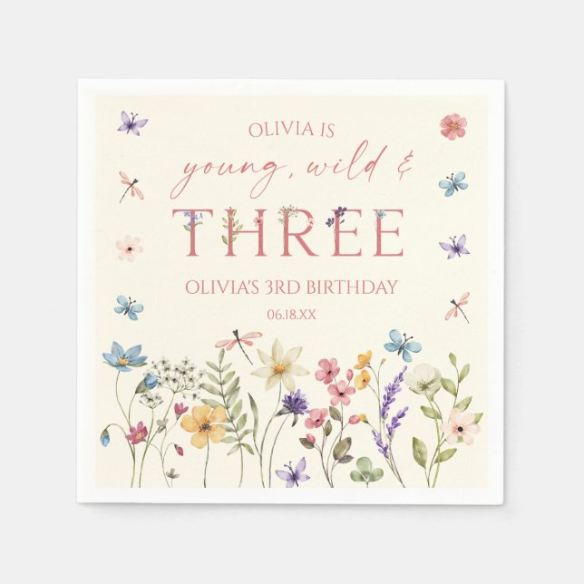 Young Wild & Three Wildflower 3rd Birthday Party Napkins (Front)