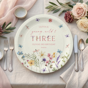 Young Wild & Three Wildflower 3rd Birthday Party Paper Plates