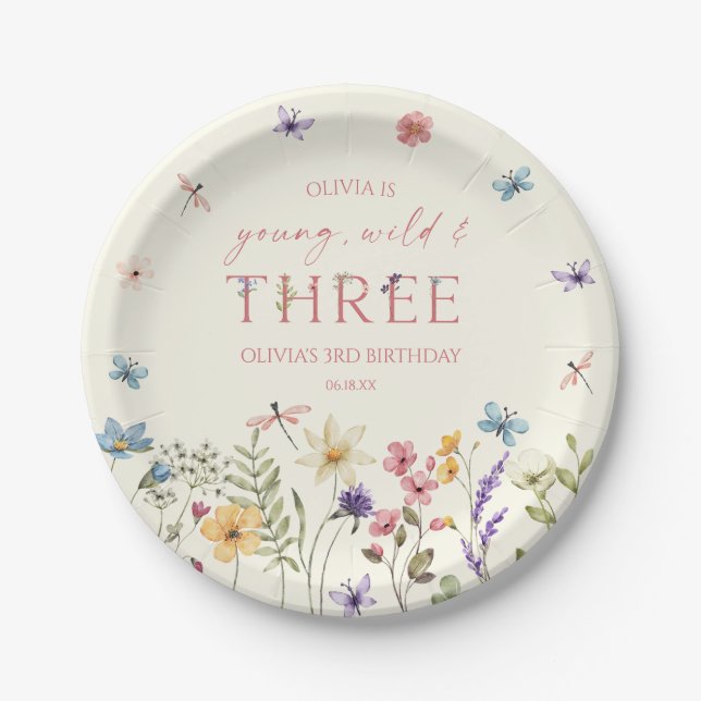 Young Wild & Three Wildflower 3rd Birthday Party Paper Plates (Front)