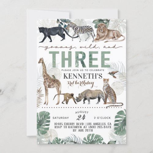 Young Wild  Three Zoo Animal Birthday Invitation