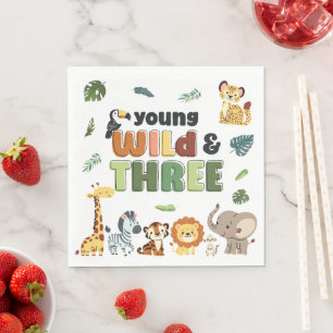 Young Wild Three Zoo Safari Animal Birthday Party Napkins