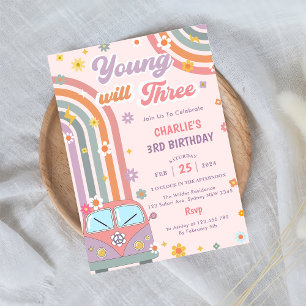 Young Will Three Groovy Retro Daisy 3rd Birthday Invitation