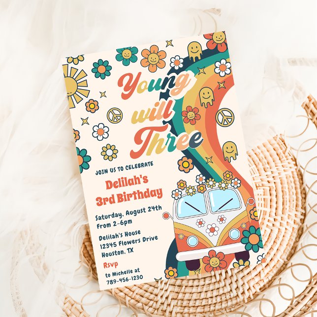  Young Will Three Retro Floral 3rd Birthday Party Invitation (Creator Uploaded)