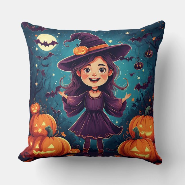Young Witch Among Glowing Pumpkins Throw Pillow (Front)