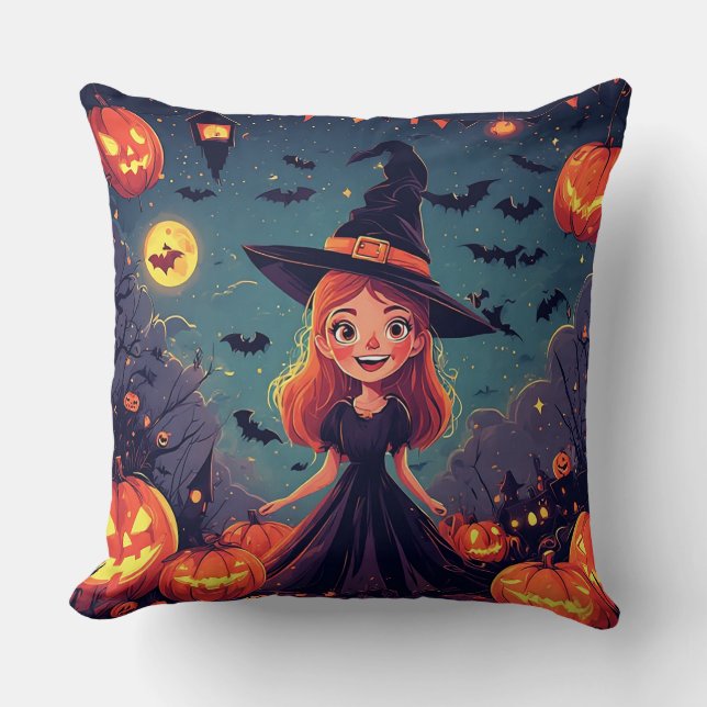 Young Witch Among Glowing Pumpkins Throw Pillow (Front)