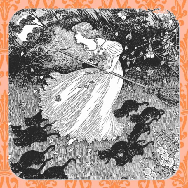 Young witch and black cats square sticker (Creator Uploaded)