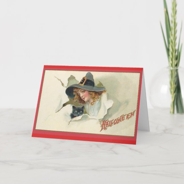Young Witch & Black Cat - Halloween Card (Front)