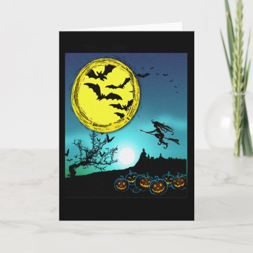 Young Witch Flying Amongst the Night Sky Card
