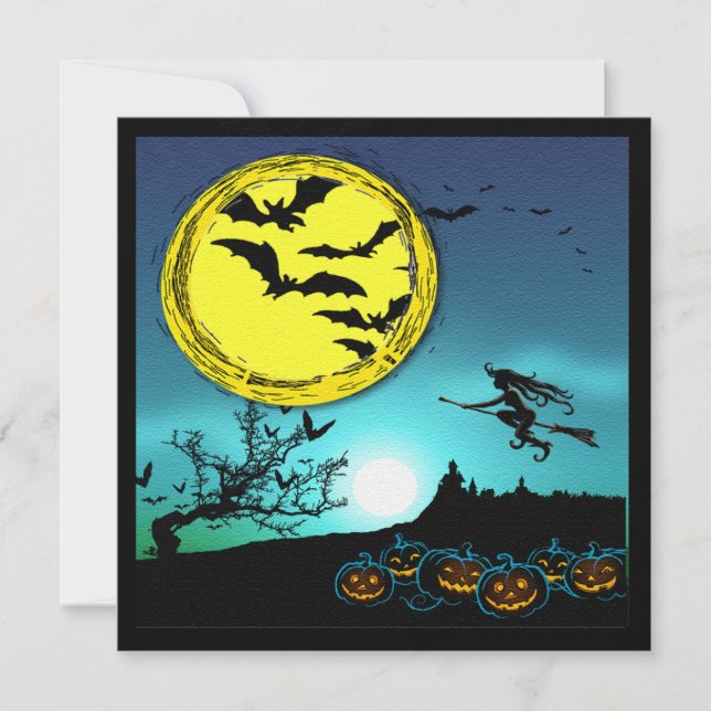 Young Witch Flying Amongst the Night Sky Invite (Front)