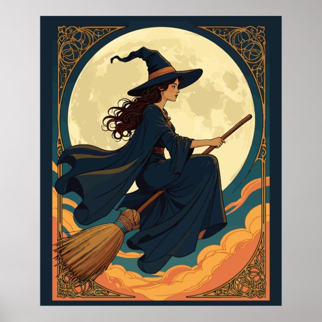 Young Witch Sat Astride A Besom Art Nouveau Style  Poster (Front)
