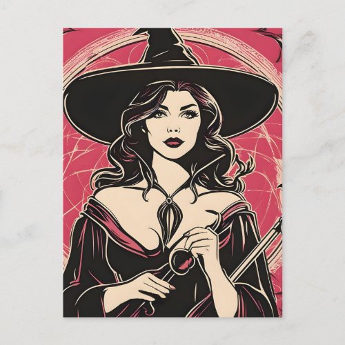 Young Witch with Big Magic Hat Halloween Postcard