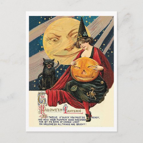 Young witch woman is holding pumpkin at full moon postcard