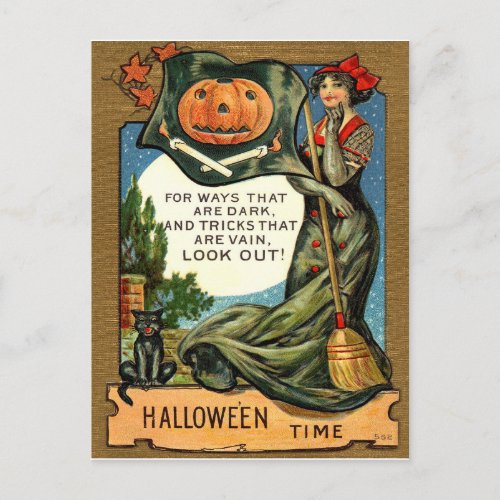 Young witch woman with broom and pumpkin vintage postcard