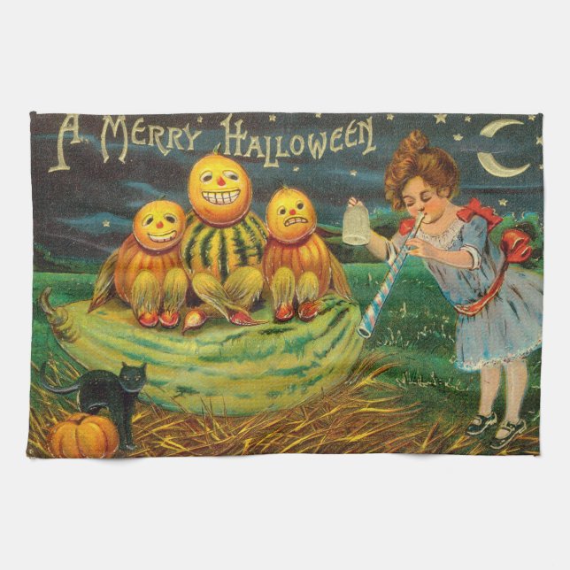 Young Witch's Brew: Pumpkin Men on Magick Altar Kitchen Towel (Horizontal)
