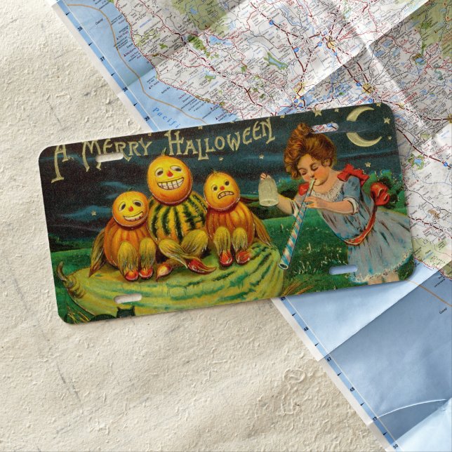 Young Witch's Brew: Pumpkin Men on Magick Altar License Plate (In Situ)