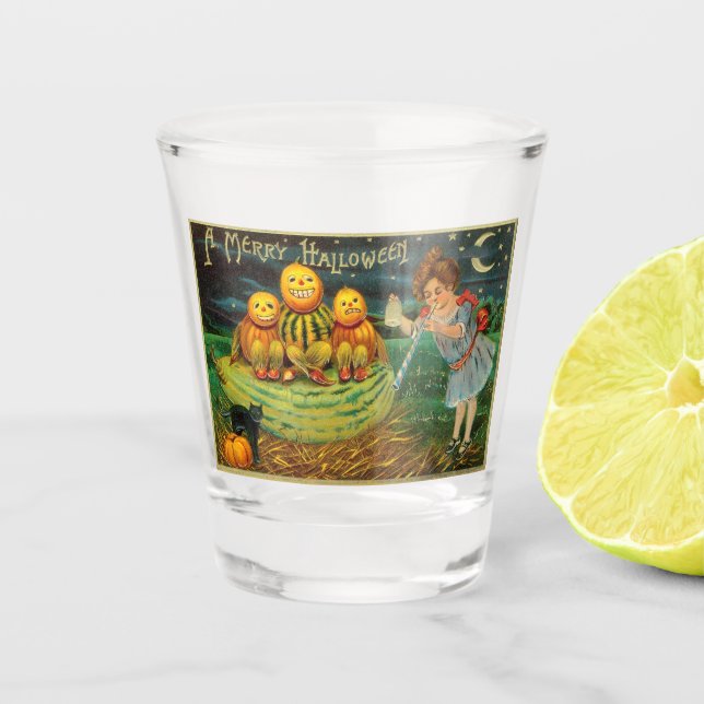 Young Witch's Brew: Pumpkin Men on Magick Altar Shot Glass (Front)