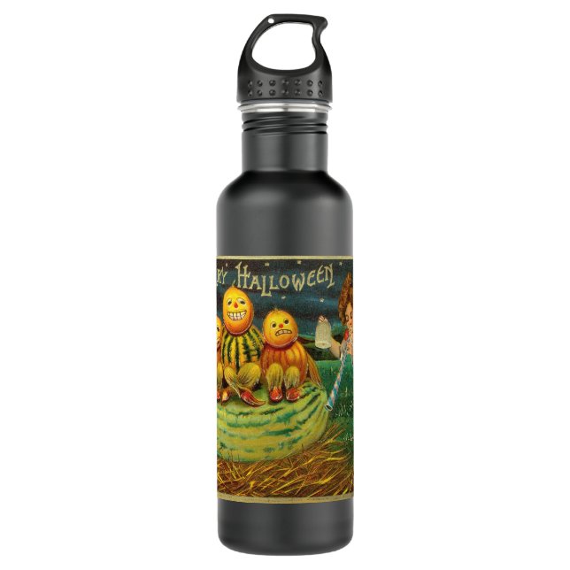Young Witch's Brew: Pumpkin Men on Magick Altar Stainless Steel Water Bottle (Front)