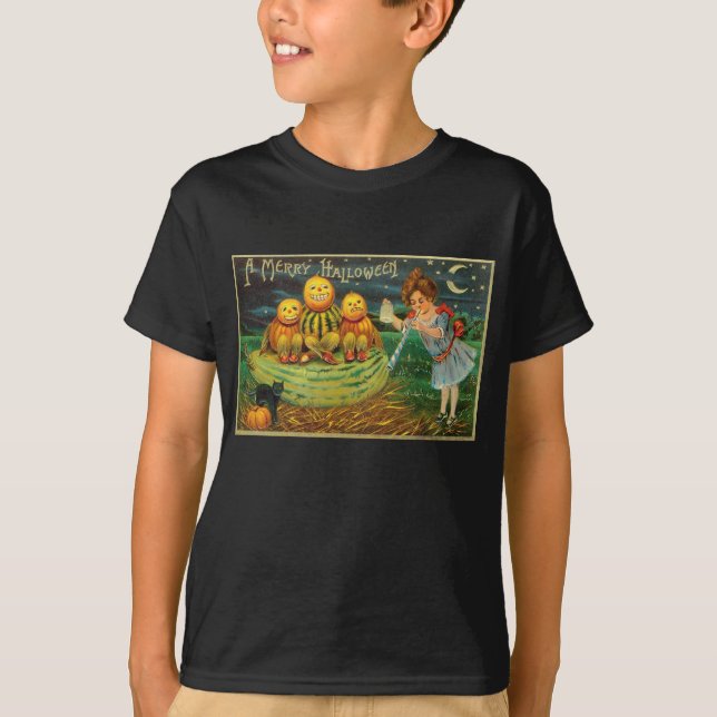 Young Witch's Brew: Pumpkin Men on Magick Altar T-Shirt (Front)