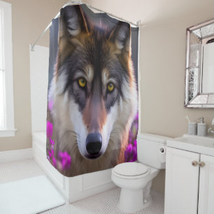 Young wolf in fuchsia pink flowers shower curtain