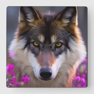Young wolf in fuchsia pink flowers square wall clock