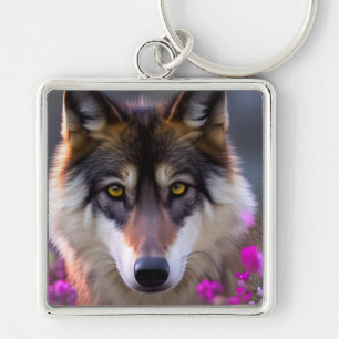 Young wolf in pink flowers keychain