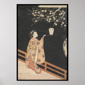 Young Woman Admiring Plum Blossoms at Night art Poster