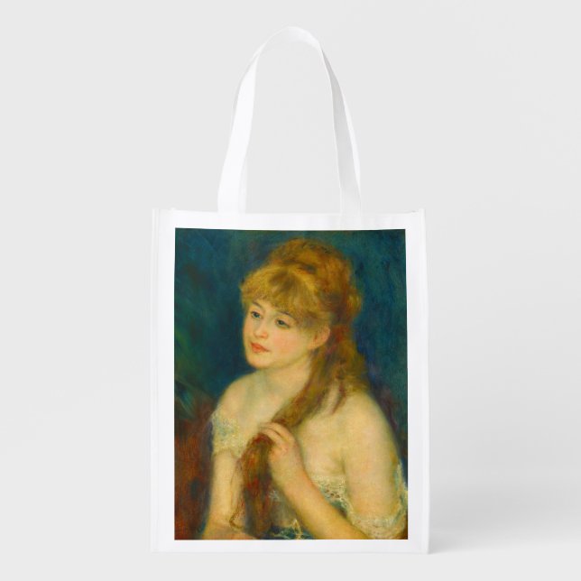 Young Woman Braiding Her Hair by Renoir Grocery Bag (Front)