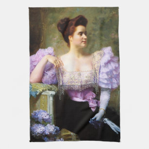 Young woman by a bouquet of hydrangeas kitchen towel