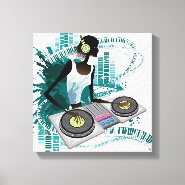 Young woman Dj Using Turntable in Nightclub Canvas Print (Front)