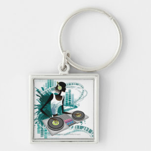 Young woman Dj Using Turntable in Nightclub Keychain
