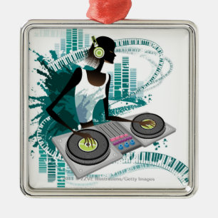 Young woman Dj Using Turntable in Nightclub Metal Ornament