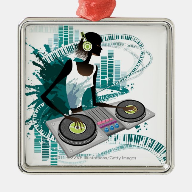 Young woman Dj Using Turntable in Nightclub Metal Ornament (Front)