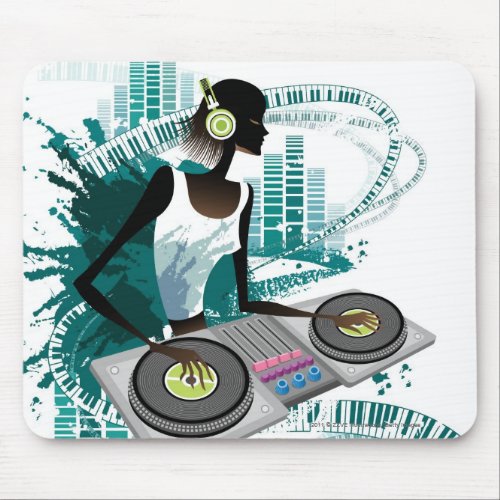 Young woman Dj Using Turntable in Nightclub Mouse Pad