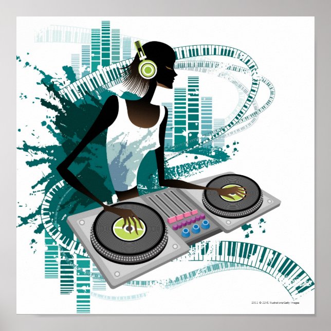 Young woman Dj Using Turntable in Nightclub Poster (Front)