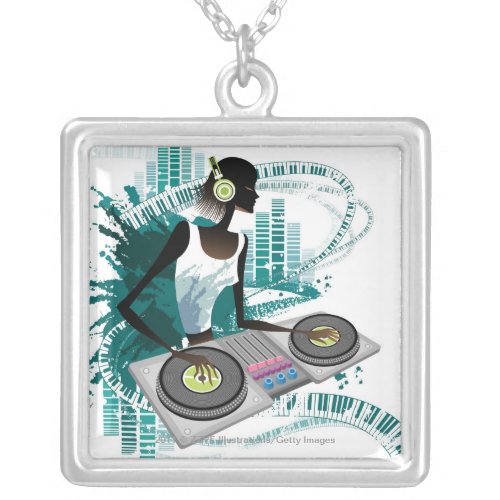Young woman Dj Using Turntable in Nightclub Silver Plated Necklace