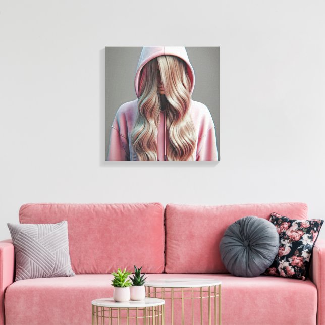 Young Woman Hiding Behind Long Blond Hair Canvas Print (Insitu(LivingRoom))