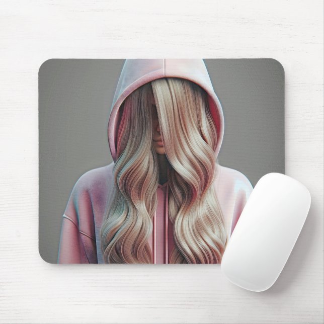 Young Woman Hiding Behind Long Blond Hair Mouse Pad (With Mouse)