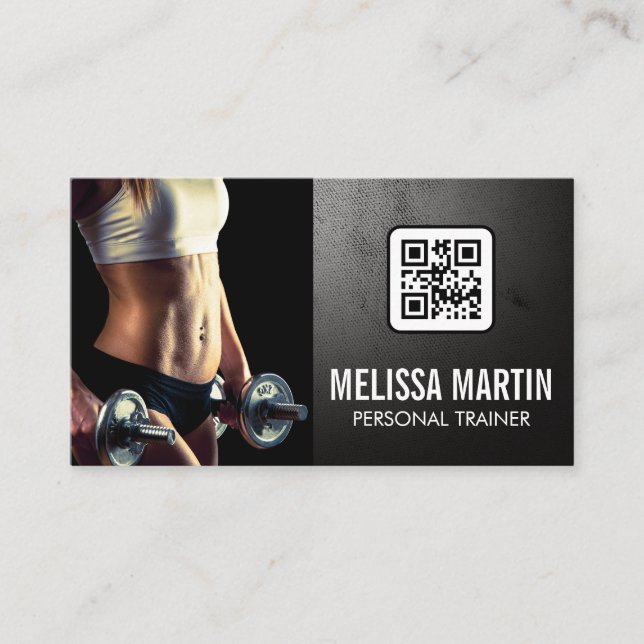 Young Woman Holding Dumbbells | QR Code Business Card (Front)