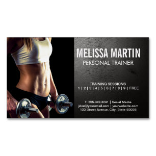 Young Woman Holding Dumbbells Training Business Card Magnet
