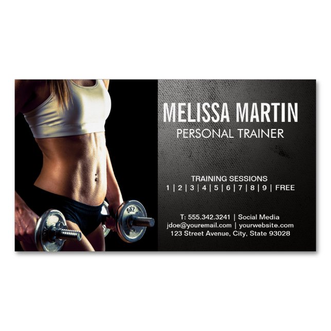 Young Woman Holding Dumbbells | Training Business Card Magnet (Front)